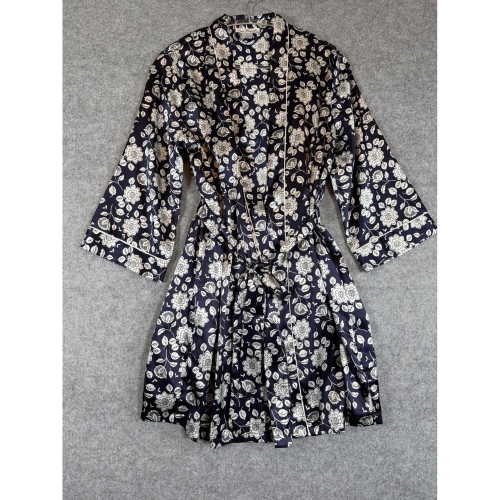 Linea Donatella Robe Womens Small Navy Blue Excellent Floral Satin Wrap MOY190